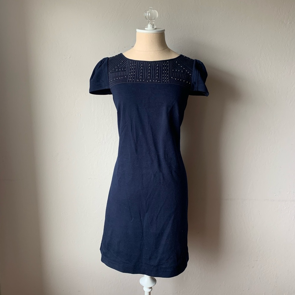Navy Blue Dress with Cap Sleeves and Chest Detail